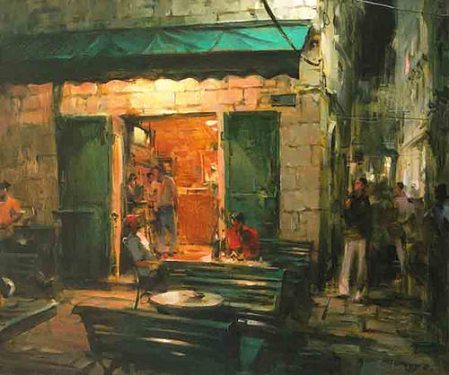 Dmitri Danish Original Oil - Outdoor Cafe at Night