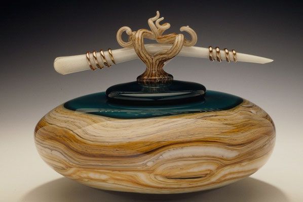 Gartner Blade - Sage Strata Covered Bowl with Bone and Tendril Finial