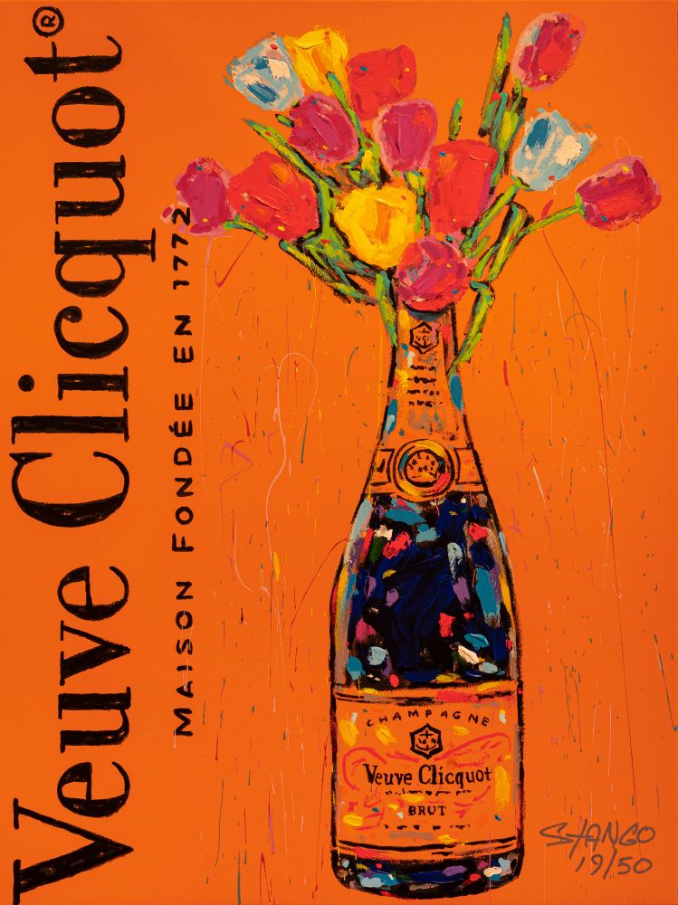 Painting by John Stango, Clicquot Bottle and Tulips Pop Art